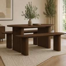 Avenel Wooden Fluted Dining Table with 2 Benches in Walnut - UK