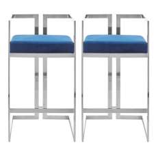Azaltro Blue Velvet Bar Stools With Silver Metalframe In Pair - UK