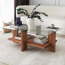 Babylonia Tempered Glass Coffee Table With Solid Wood Frame Walnut - UK