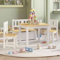Bagdad Wooden Children Table With 2 Chairs 1 Bench In White Beige - UK