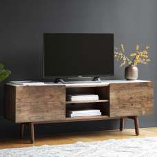 Barcela Wooden TV Stand With White Marble Top In Walnut - UK