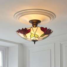 Barrigada Tiffany Glass Semi-Flush Ceiling Light In Satin Black - UK