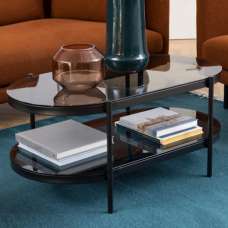 Baryon Smoked Glass Oval Coffee Table With Black Metal Frame - UK
