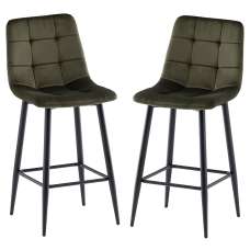 Basia Juniper Green Velvet Counter Bar Stools with Black Metal Legs in Pair - UK