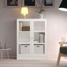 Baskon Low Wide Wooden Display Cabinet with 2 Glass Doors in White - UK