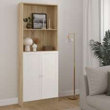 Baskon Tall Wide Wooden Bookcase with 2 White Doors in Oak - UK