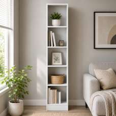 Baskon Narrow Wooden Bookcase With 5 Shelves In White - UK
