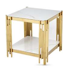 Bastia Sintered Stone End Table With Gold Frame In White - UK