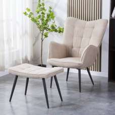 Beckett Boucle Fabric Armchair with Footstool in Light Brown - UK