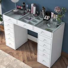 Belara Glass Top Dressing Table With 13 Drawers In White - UK