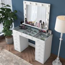 Belara Glass Top Dressing Table With Mirror And 13 Drawers In White - UK