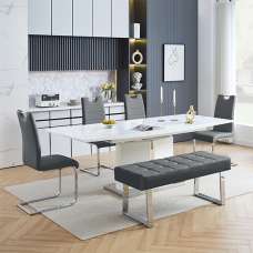 Belmonte White Dining Table Large 4 Petra Grey Chairs Bench - UK
