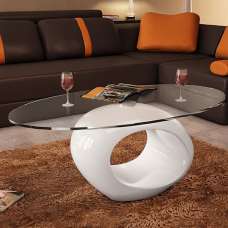Benek Oval Glass Coffee Table With High Gloss White Base - UK