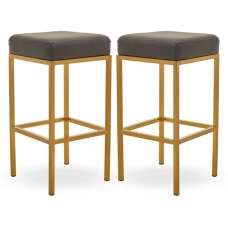 Baino Dark Grey Leather Bar Stools With Gold Legs In A Pair - UK