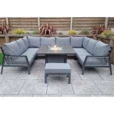Bessie Glass Top U Shaped Garden Seating Set With Fire Pit In Grey - UK