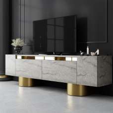Boheme Wooden TV Stand With 2 Flap Doors In Travertine Marble Effect And Gold - UK