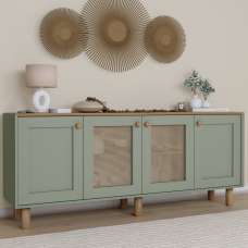 Boho Wooden Sideboard With 2 Rattan Cane Doors In Green And Oak - UK