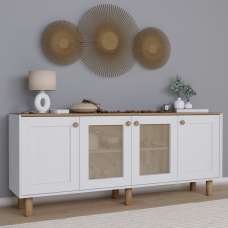 Boho Wooden Sideboard With 2 Rattan Cane Doors In White And Light Walnut - UK