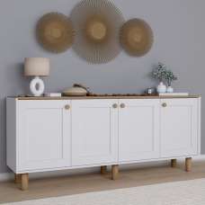 Boho Wooden Sideboard With 4 Doors In White And Light Walnut - UK