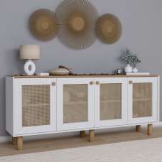 Boho Wooden Sideboard With 4 Rattan Cane Doors In White And Light Walnut - UK