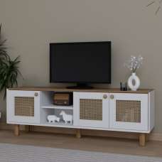 Boho Wooden TV Stand With 3 Rattan Cane Doors In White And Garden Oak - UK