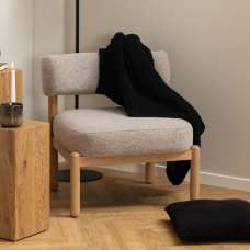 Bolivia Fabric Lounge Chair With Wooden Legs In Beige And Oak - UK