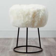 Bovril Sheepskin Stool With Black Metal Legs In Natural White - UK