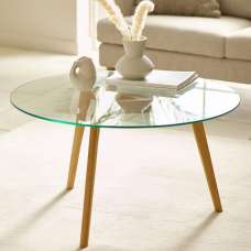 Bowler Glass Top Round Coffee Table - Light Oak - UK