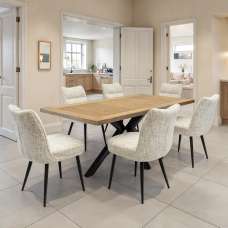 Breno Oak Veneer Dining Table with 6 Oatmeal Chairs - UK
