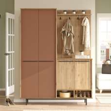 Brivon Wooden Hallway Furniture with 2 Red Tile Doors in Oak - UK