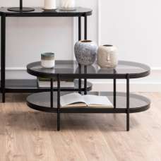 Bryan Smoked Glass Coffee Table Oval With Black Metal Frame - UK