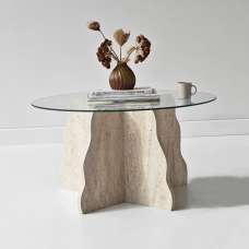 Butterfly Round Transparent Glass Top Coffee Table with Travertine Marble Effect Wooden Base - UK