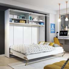 Cadott Wooden Horizontal Wall Double Bed In Matt White And LED - UK