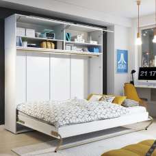 Cadott High Gloss Horizontal Wall Small Double Bed In White with LED - UK
