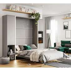 Cadott Wooden Vertical Wall Small Double Bed In Grey And LED - UK