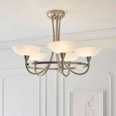 Cagney 5 Light White Glass Shade Flush Light In Satin Chrome - UK