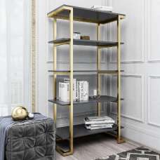 Calgary Wooden Bookcase With Gold Metal Frame In Graphite Grey - UK