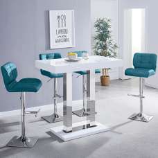 Caprice White High Gloss Bar Table 4 Candid Teal Stools - UK