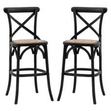 Caria Black Wooden Bar Stools With Rattan Seat In Pair - UK