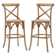 Caria Natural Wooden Bar Stools With Rattan Seat In Pair - UK