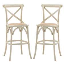 Caria White Wooden Bar Stools With Rattan Seat In Pair - UK