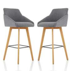 Carmen Grey Fabric High Bar Stool With Wooden Leg In A Pair - UK