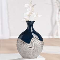 Carnation Large Decorative Bottle Ceramic Vase in Blue and Silver - UK