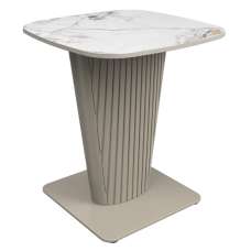Castle Ceramic Side Table With Beige Wooden Base In White - UK