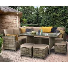 Caxias Glass Top Garden Corner Dining Set With 3 Ottomans In Brown - UK