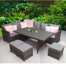 Caxias Wooden Garden Corner Dining Set With 3 Ottomans In Grey - UK