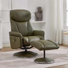 Cazira Full Leather Swivel Recliner Chair with Footstool in Olive Green - UK