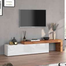 Centennial Large High Gloss Adjustable TV Stand With 1 Flap Door In White And Wotan Oak - UK