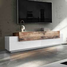 Chandler Small High Gloss TV Stand With 3 Flap Doors In White And Pereira Maple - UK