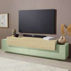 Chandler Small Wooden TV Stand With 3 Flap Doors In Sage Green And Chopin Oak - UK